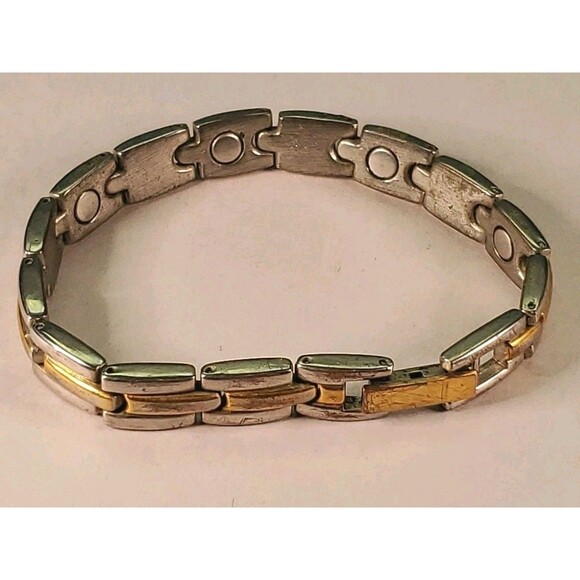Two Tone Bracelet Bar Link Sliver And Gold Tone Contemporary Box Clasp Closure - Picture 3 of 9
